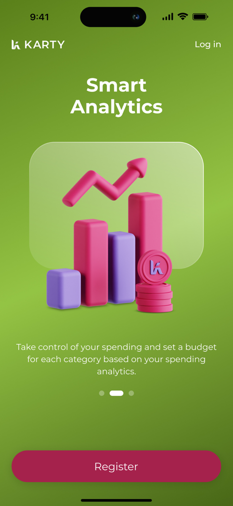 Karty app onboarding screen showing smart analytics with 3D charts and coins