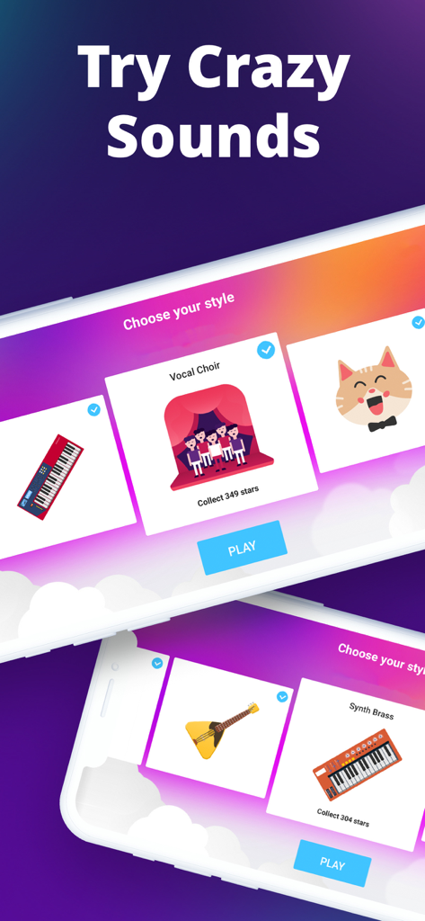 A selection of unique musical instrument sounds in the Piano Crush keyboard app