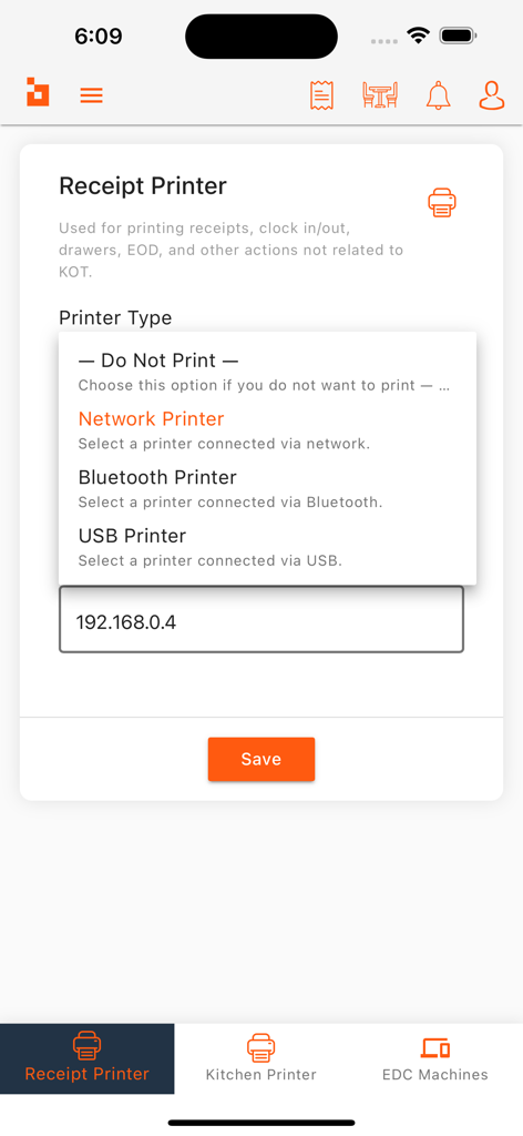 Digitory DigiPoS - Bildschirm zur Konfiguration des Belegdruckers in der Digitory DigiPoS App mit Netzwerk- und Bluetooth-Druckeroptionen