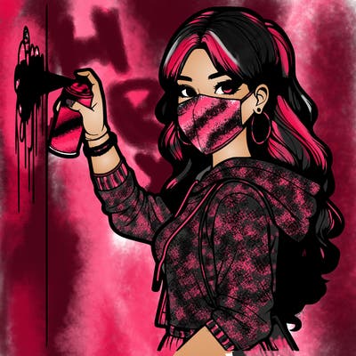 realistic girl with mask spray painting a wall
