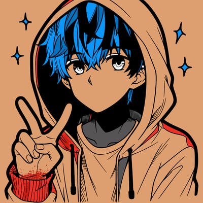 teenage manga boy in a hoodie, doing ✌