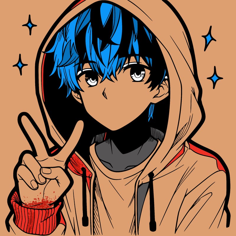 teenage manga boy in a hoodie, doing ✌