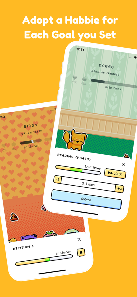 Habbie: Habit Tracker & Pet - Habbie app screenshots showing pixel art dog and bird pets assigned to reading and teeth brushing habits with progress bars.