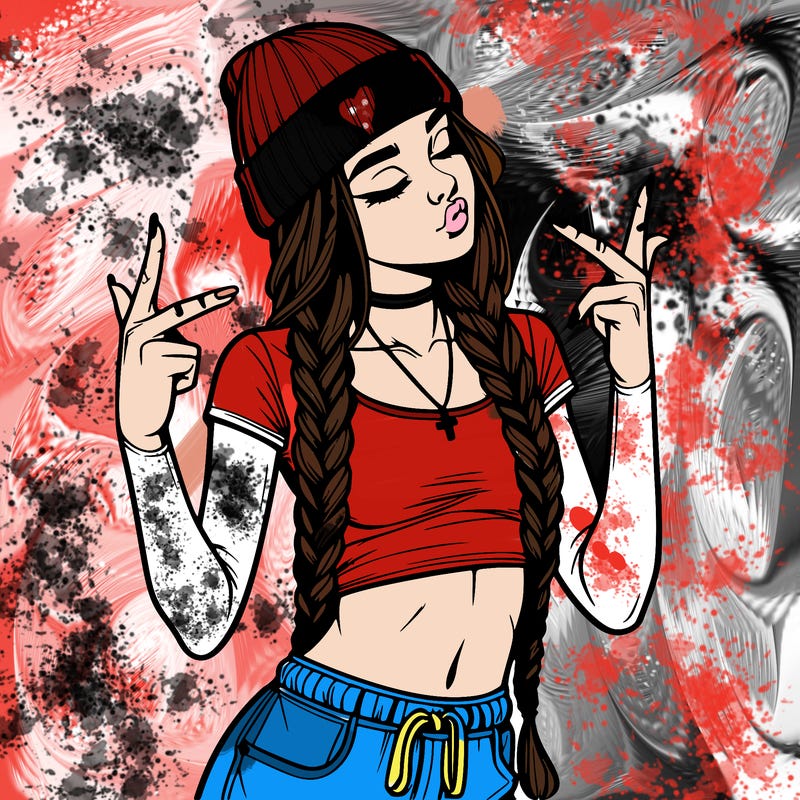 realistic teenage girl with braids and a beanie and crop top doing 🫶🏼