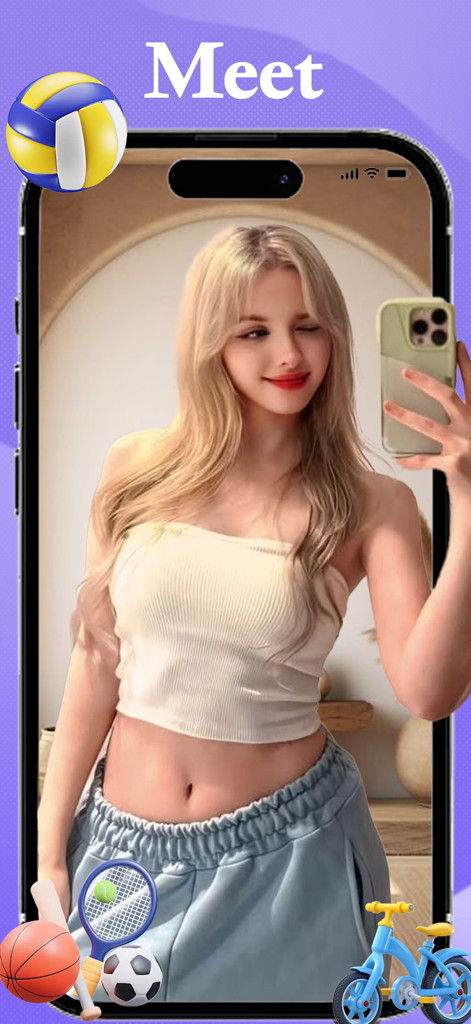 Jogy - Live Chat Fun, Discover - Jogy app interface displaying a user profile and sports icons with the text Meet for social networking.