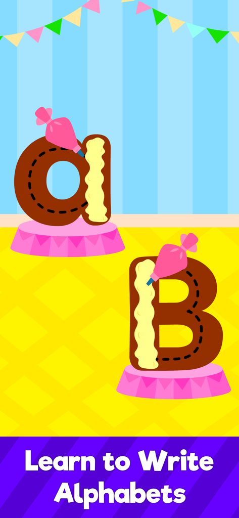 ABC Alphabet Learning for Kids - Pantalla de juego educativo donde los niños aprenden a escribir letras trazando la letra minúscula a y la mayúscula B con glaseado