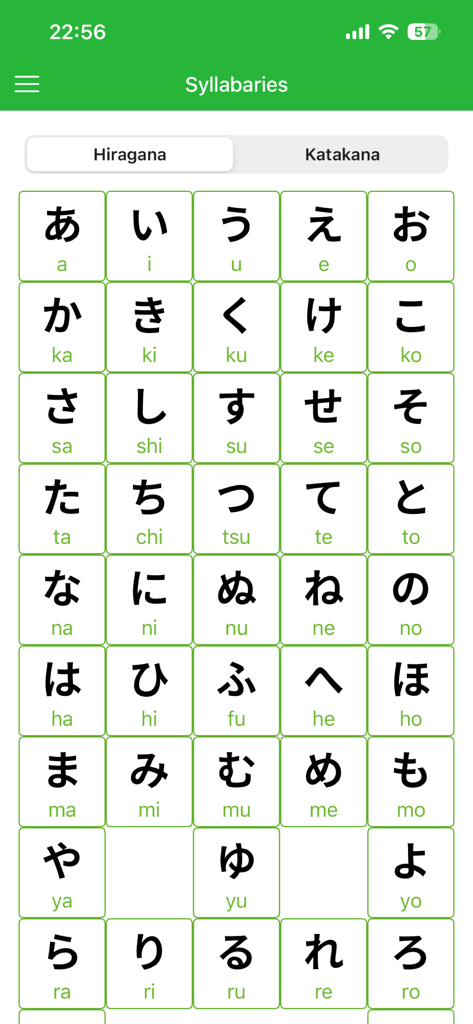 HelloJapanese - Eine Gitteranzeige japanischer Hiragana-Zeichen mit ihrer romanisierten Aussprache auf der Benutzeroberfläche der HelloJapanese App.