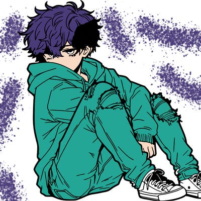 a male hoddie ripped jeans messy hair anime