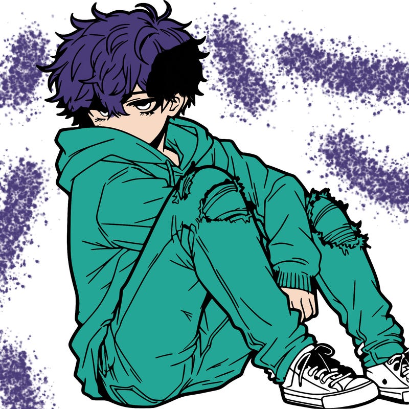 a male hoddie ripped jeans messy hair anime