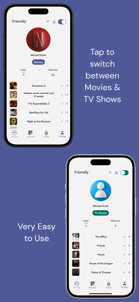 Friendly app profile screen showing a toggle to switch between movie and TV show lists.