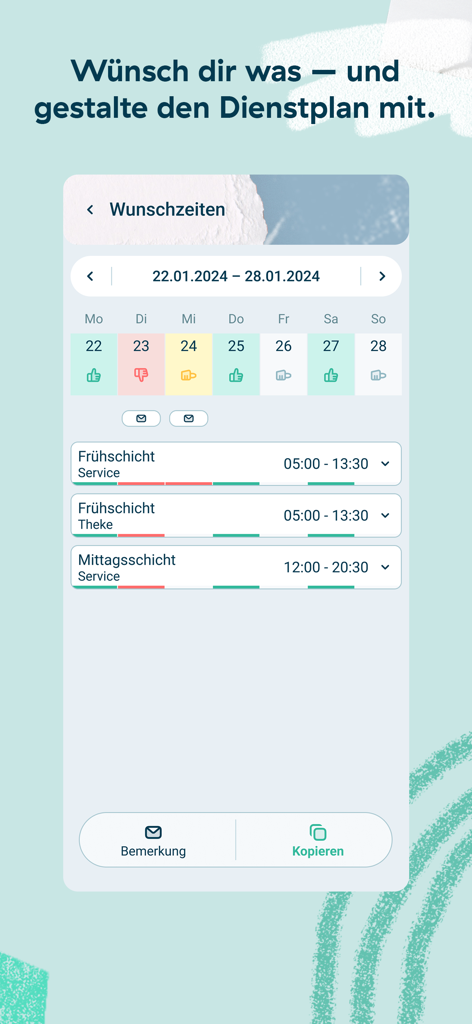 gastromatic - Gastromatic mobile app interface showing a weekly calendar where employees can set their shift preferences and work availability.