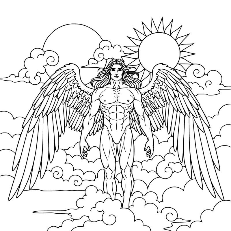 create a tall male angel with long hair, strong muscular and large wide wings standing in the clouds between the moon and the sun