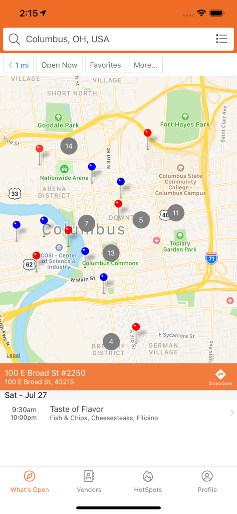 StreetFoodFinder - A map interface of the StreetFoodFinder app showing food truck locations and vendor details in Columbus Ohio