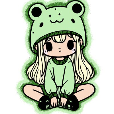 a girl wearing a frog hat and some frog socks