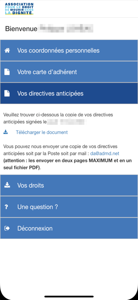 ADMD et Moi app dashboard showing the advance healthcare directives section and user menu options.