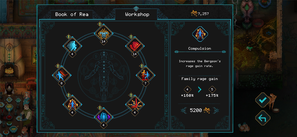 Children of Morta - Interface de l'atelier dans Children of Morta montrant les améliorations des compétences familiales et les statistiques de gain de rage