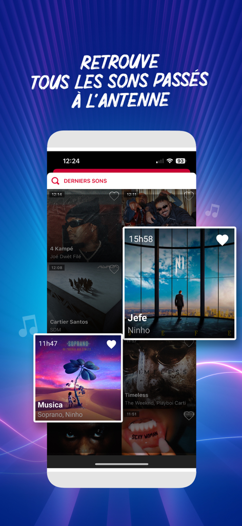 Interfaz de la app Skyrock Radios mostrando una lista de pistas reproducidas recientemente y portadas de álbumes de artistas de música urbana.