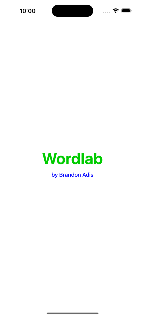 Wordlab Word Game - Wordlab Word Game splash screen featuring the green logo and developer name Brandon Adis