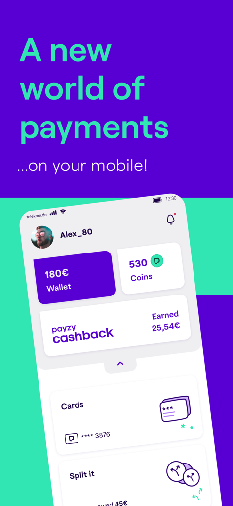 payzy - El panel de la app payzy mostrando el saldo de la billetera, recompensas de cashback y tarjetas de pago