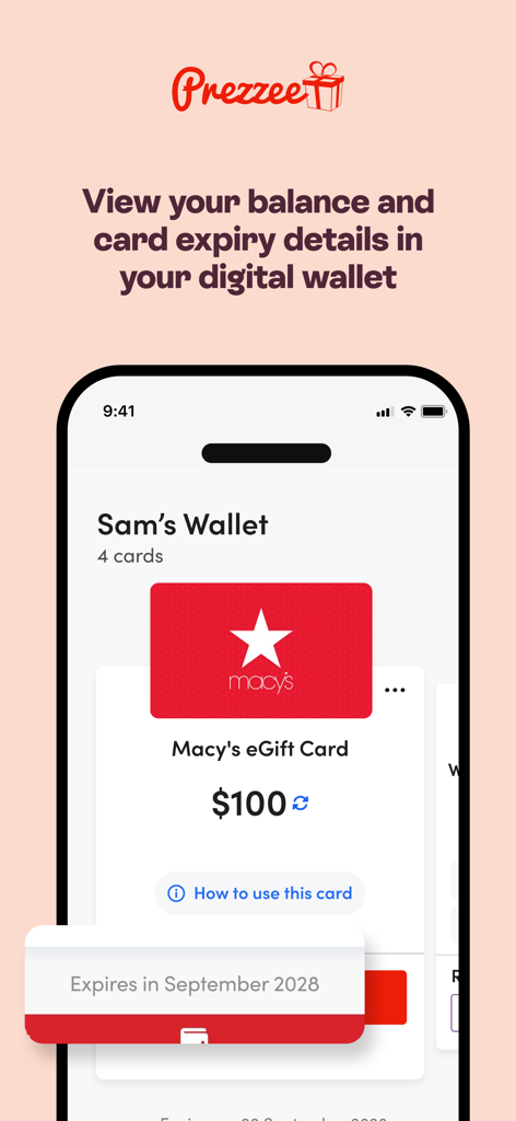 Prezzee app interface showing a digital gift card wallet with balance and expiration details