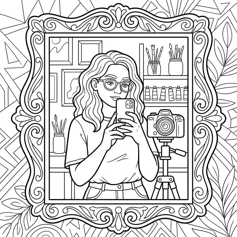 Dive into a captivating coloring journey with this reflected self-portrait, capturing the essence of an artist in their creative space. This unique design invites you to explore themes of identity and artistry through the joy of color.