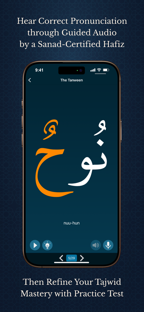 Learn Quran Tajwid app interface showing guided audio pronunciation and practice for a Tanween lesson.