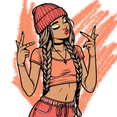realistic teenage girl with braids and a beanie and crop top doing 🫶🏼