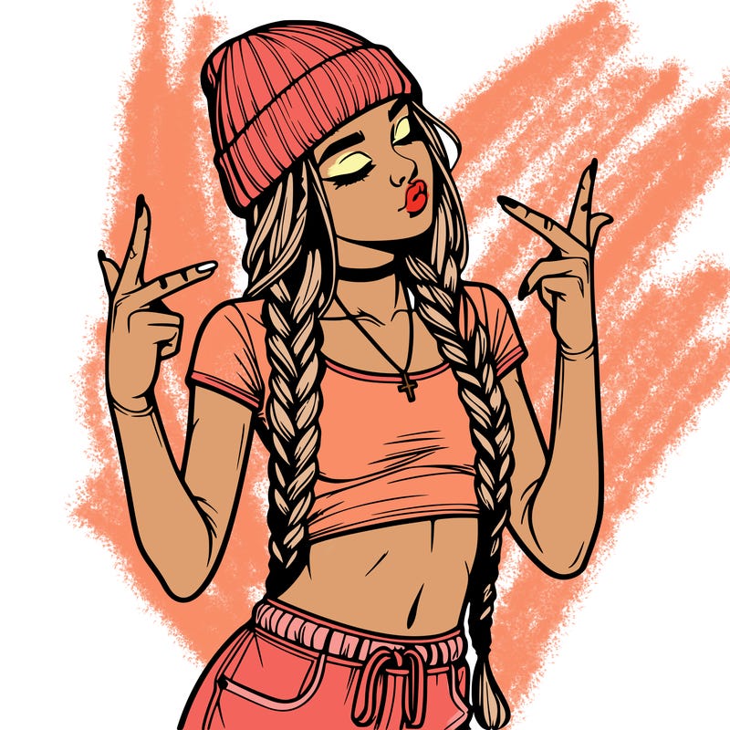 realistic teenage girl with braids and a beanie and crop top doing 🫶🏼