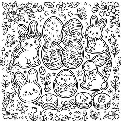 Hop into spring with this delightful Easter coloring page, featuring an array of adorable cookies and macarons. Discover charming bunny shapes, decorated eggs, and sweet treats perfect for the holiday.