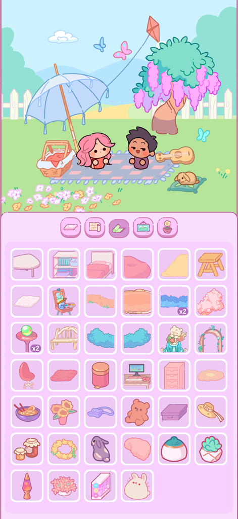 Adorable Garden - Dos personajes haciendo un picnic en un jardín junto a un menú que muestra varios muebles y elementos de decoración adorables