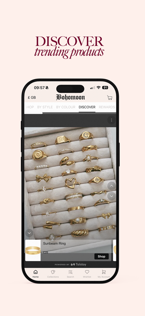 BOHOMOON - BOHOMOON app screen displaying a variety of gold rings in a jewelry box under the Discover section