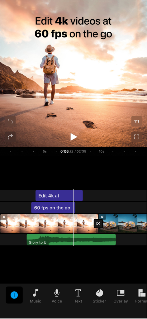 Filmr Pro Video Editor mobile interface displaying 4K video editing at 60 fps