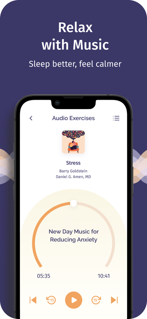 Brain Fit Life app screen showing an audio exercise interface for reducing anxiety with music by Dr Daniel Amen.