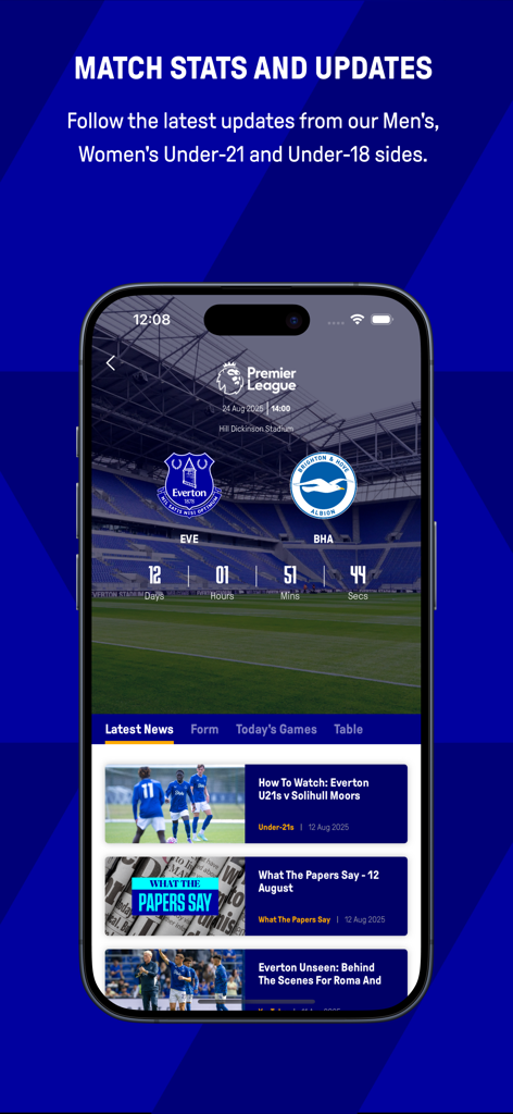 Everton - Everton official app interface displaying match countdown and latest team news on a smartphone