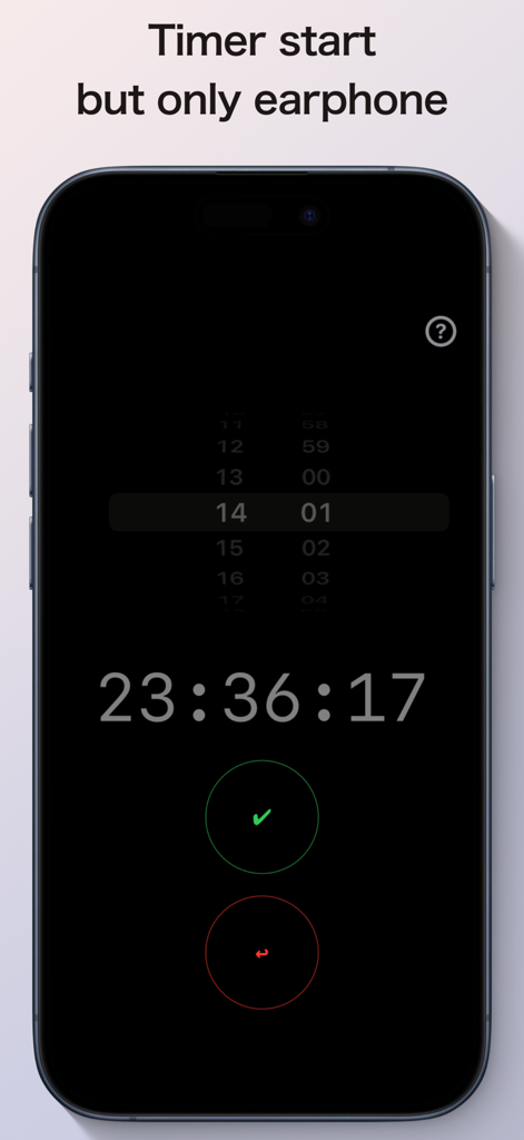 Earphone only alarm - 프라이빗 이어폰 전용 알람을 위해 어두운 테마의 타이머 설정 화면을 보여주는 모바일 앱 인터페이스.