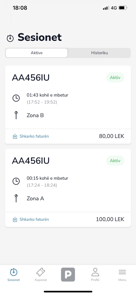 Tirana Parking - Tirana Parking app screen showing active parking sessions with vehicle plate and time remaining