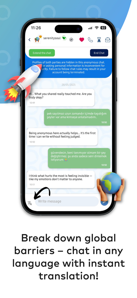 Aloha Live - Anonymous Chat - Oberfläche des anonymen Aloha Live Chats mit Echtzeitübersetzung zwischen Benutzern