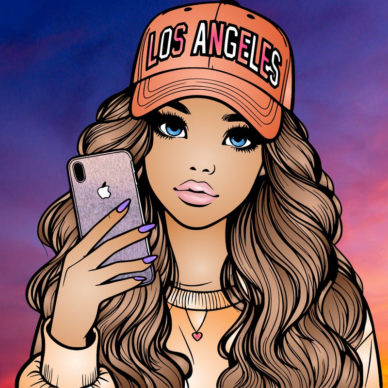 realistic beautiful girl wearing los ángeles cap holding an iphone