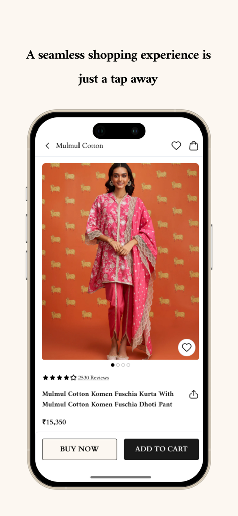 Shop Mulmul mobile app product page showing a woman wearing a fuschia pink cotton kurta set