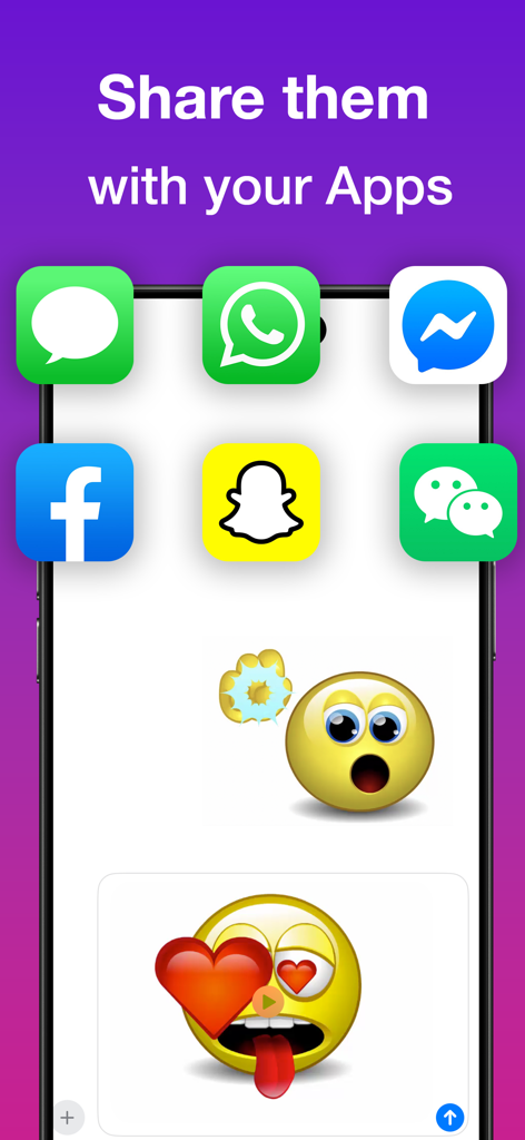 Interface showing how to share animated talking emojis across messaging apps like WhatsApp and Messenger