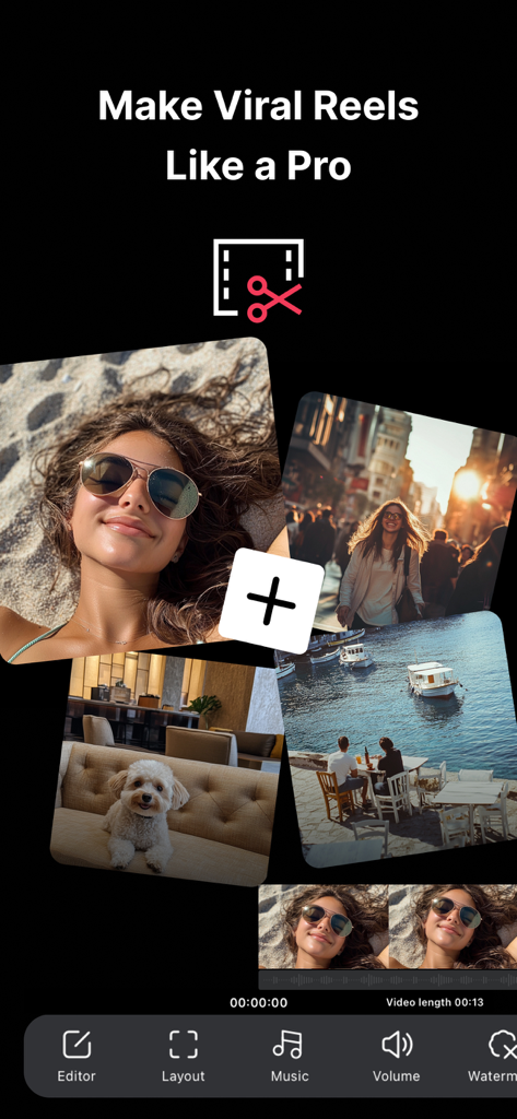 CutStory: AI Reels Editor - Mobile app interface for creating professional reels with a video collage and editing tools