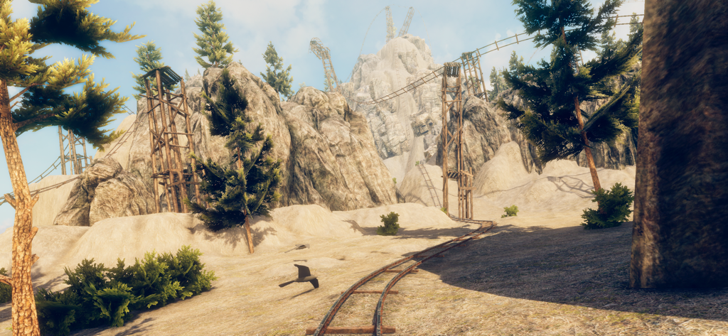 A roller coaster track winding through a rocky mountain landscape with wooden support structures