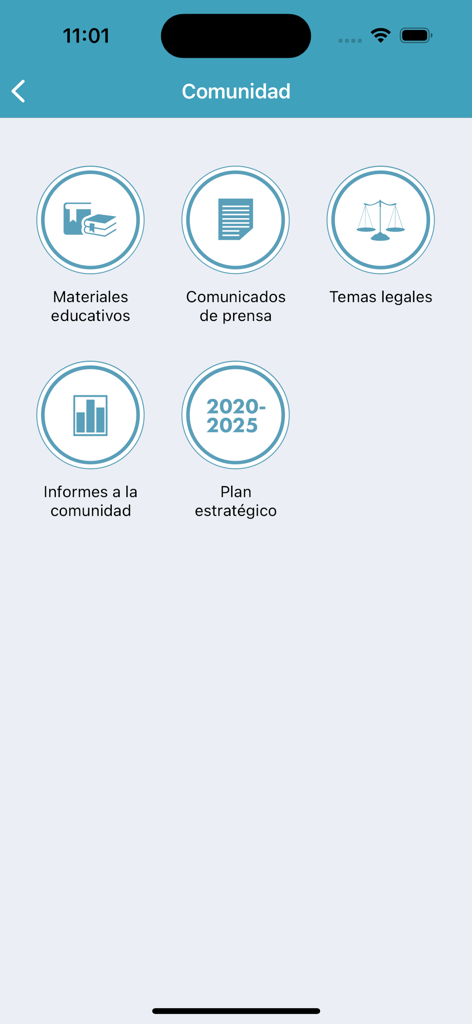 Poder Judicial de Puerto Rico - A screen from the Puerto Rico Judicial Branch app showing community resource links including educational materials and legal topics