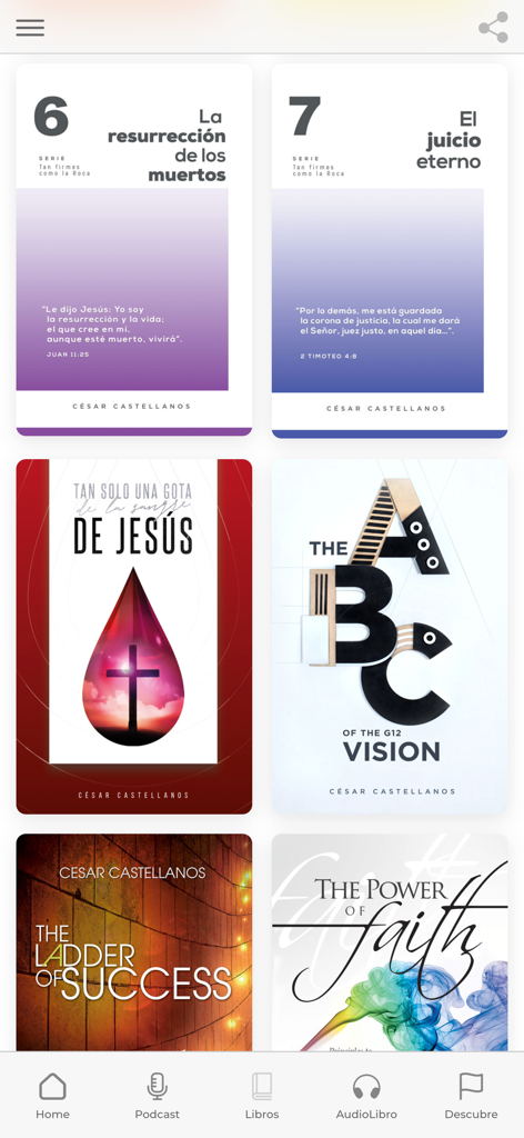 César Castellanos - Cesar Castellanos app screen showing Christian books and spiritual growth resources including titles about the G12 Vision and the Power of Faith