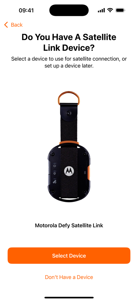 Bullitt Satellite Messenger - The Bullitt Satellite Messenger app screen for connecting a Motorola Defy Satellite Link hardware device.