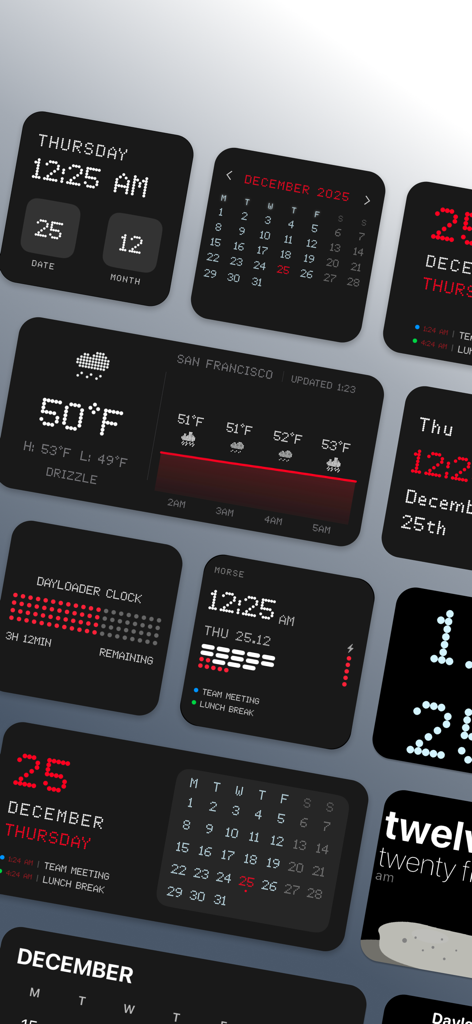 Void Widgets - Retro & Minimal - Uma coleção de widgets iOS retrô e minimalistas escuros, apresentando relógios de matriz de pontos e displays de código Morse.