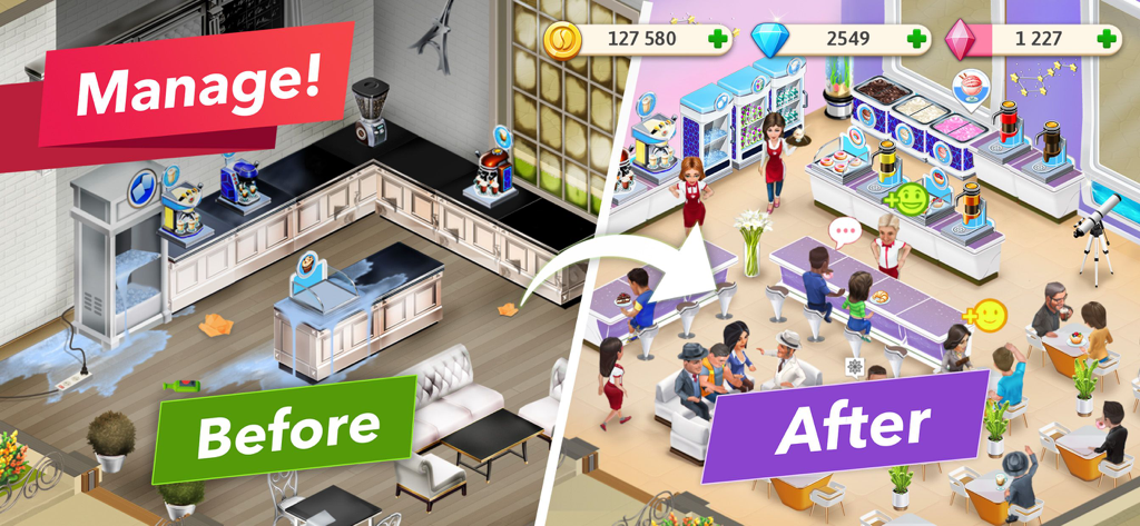 A before and after comparison of a messy cafe being transformed into a successful busy restaurant.