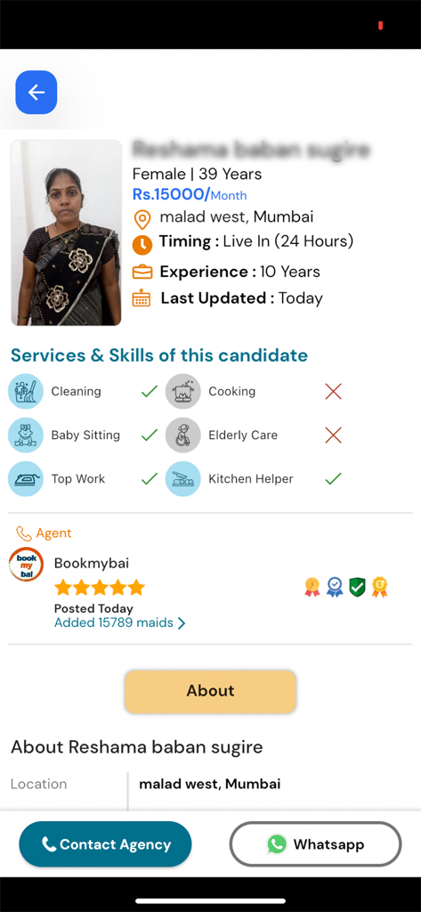 Un profil de travailleur domestique sur l'application Bookmybai montrant les compétences et l'expérience.