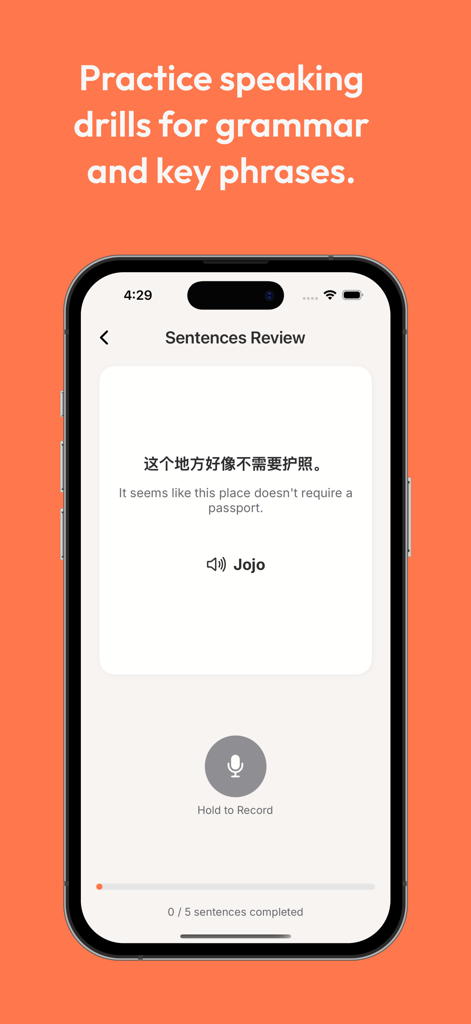Jojo AI: Language Tutor - Jojo AI app interface for sentence review and speaking practice with a microphone record button