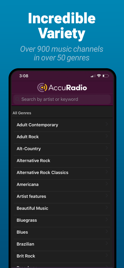AccuRadio: Curated Music Radio - AccuRadio mobile app interface displaying a variety of human-curated music genres
